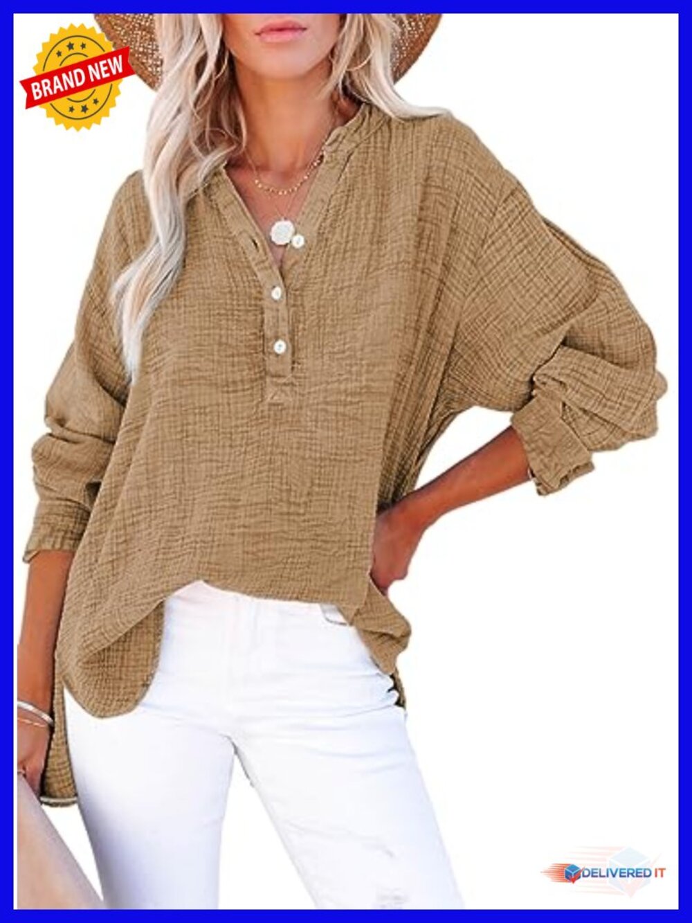 Dokotoo Women's Cotton V-Neck Button Cuff Long Sleeve Blouse Top
